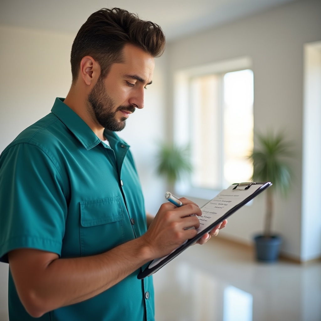 Operatore con checklist durante verifica post-cantiere in ambiente ristrutturato
